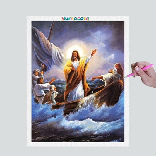 Pintura Terapêutica com Diamantes - Jesus e Pescadores - Tela 100% Preenchida
