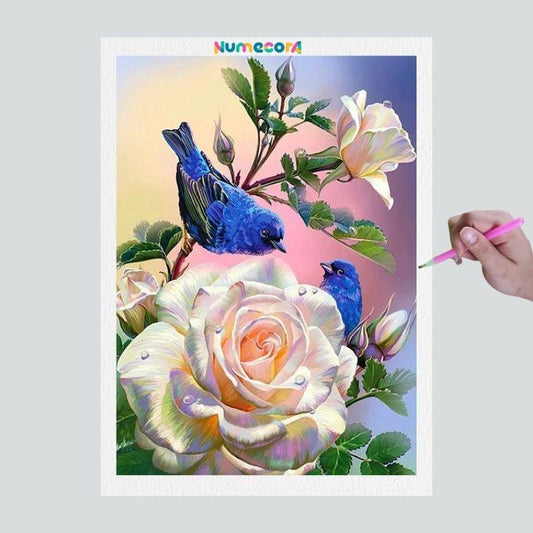 Pintura Terapêutica com Diamantes - Flor e Passarinho - Tela 100% Preenchida