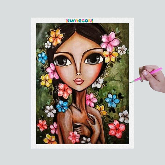 Pintura Terapêutica com Diamantes - Menina com Flores no Cabelo