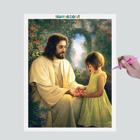 Pintura Terapêutica com Diamantes - Jesus e Criança - Tela 100% Preenchida
