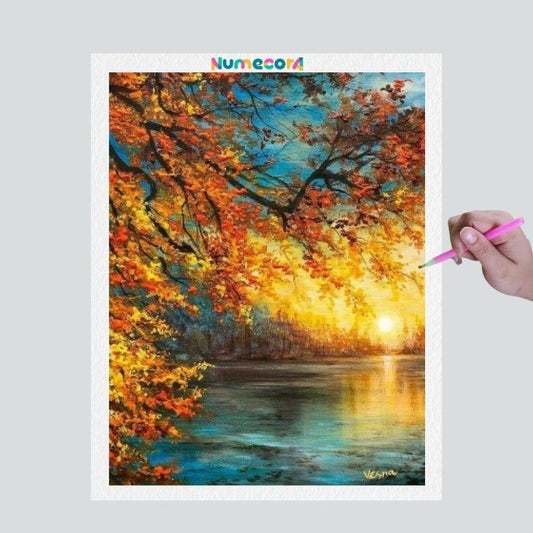 Pintura Terapêutica com Diamantes - Por do Sol Dourado - Tela 100% Preenchida