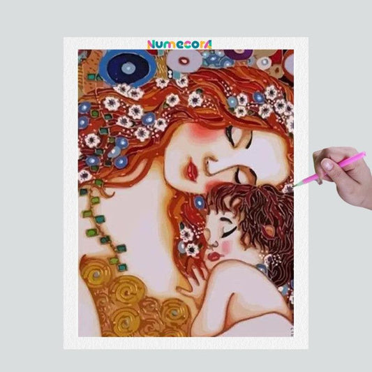 Pintura Terapêutica com Diamantes - A Mãe e o Filho - Gustav Klimt - Tela 100% Preenchida