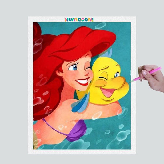 Pintura Terapêutica com Diamantes - Ariel e Linguado - Disney - Tela 100% Preenchida - Diamante Redondo