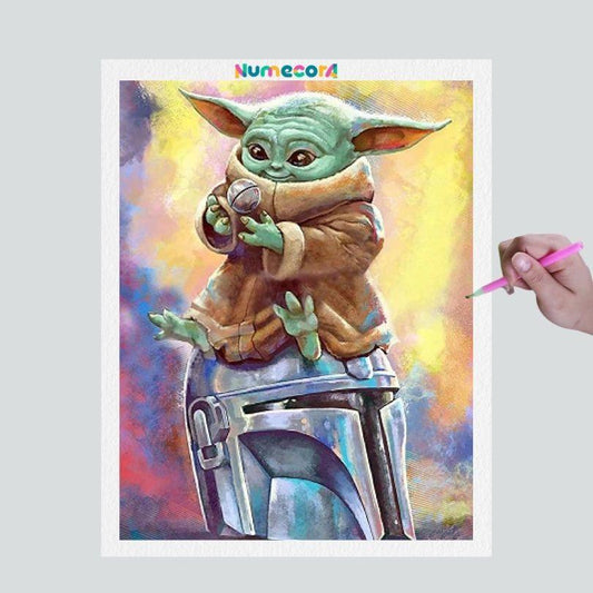 Pintura Terapêutica com Diamantes - Baby Yoda - Disney - Tela 100% Preenchida - Diamante Redondo