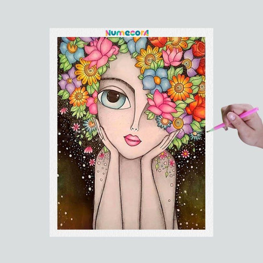 Pintura Terapêutica com Diamantes - Menina com Cabelo de Flores