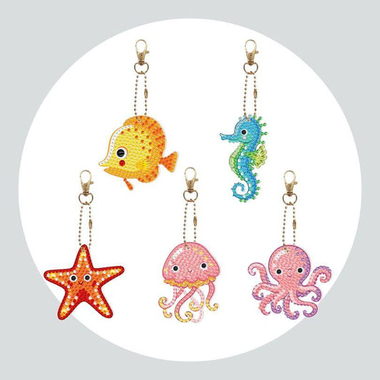Chaveiros Pintura Terapêutica com Diamantes - Animais Marinhos - Kit com 5