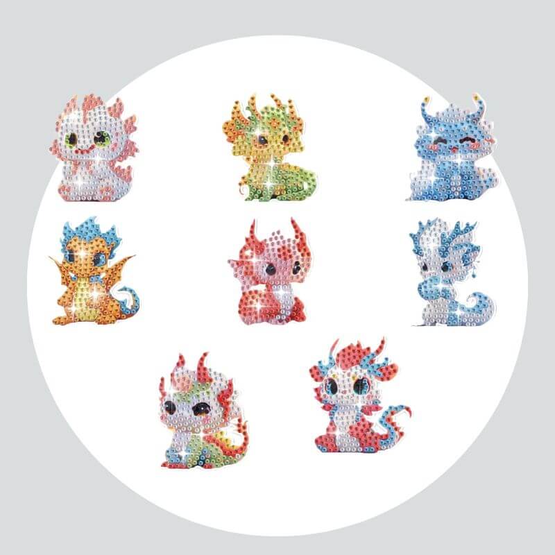 Adesivos Magnéticos ( Ímã de Geladeira) - Kit com 8 - Pintura Terapêutica com Diamantes - Dragões Fofos