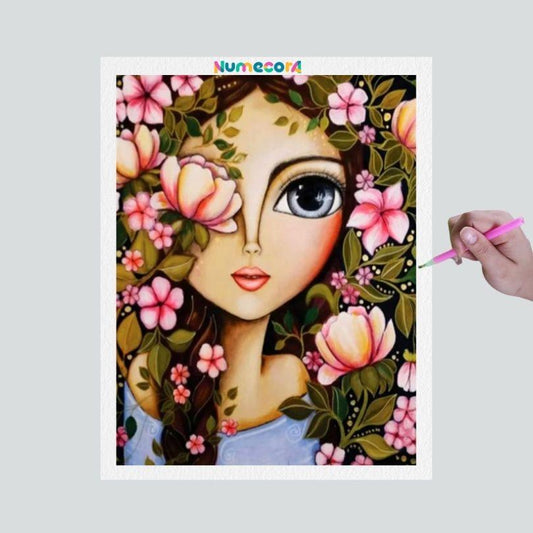 Pintura Terapêutica com Diamantes  - Menina e Flores