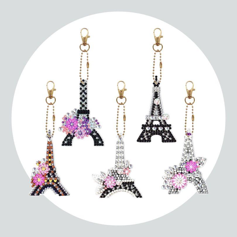 Chaveiros Pintura Terapêutica com Diamantes - Torre Eiffel - Kit com 5