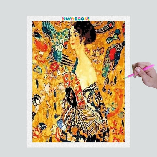 Pintura Terapêutica com Diamantes - Lady With Fan - Gustav Klimt - Tela 100% Preenchida