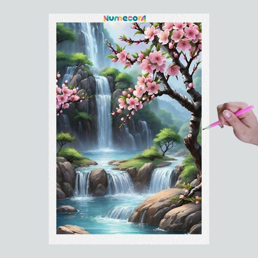 Pintura Terapêutica com Diamantes - Cachoeira com Cerejeira - Tela 100% Preenchida