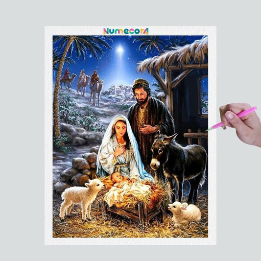 Pintura Terapêutica com Diamantes - Nascimento de Jesus - Tela 100% Preenchida