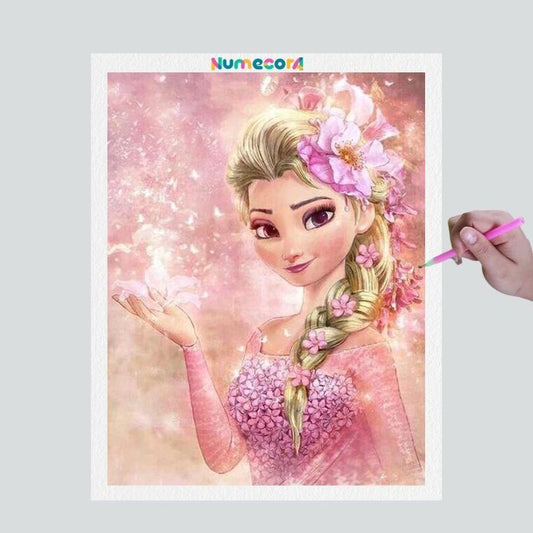 Pintura Terapêutica com Diamantes - Elsa de Rosa - Frozen - Tela 100% Preenchida - Diamante Redondo