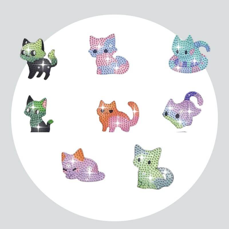 Adesivos Magnéticos ( Ímã de Geladeira) - Kit com 8 - Pintura Terapêutica com Diamantes - Gatos Coloridos