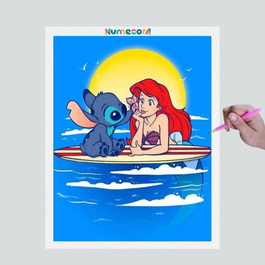 Pintura Terapêutica com Diamantes - Ariel e Stitch - Disney - Tela 100% Preenchida - Diamante Redondo