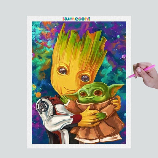 Pintura Terapêutica com Diamantes - Groot e Baby Yoda - Disney - Tela 100% Preenchida - Diamante Redondo