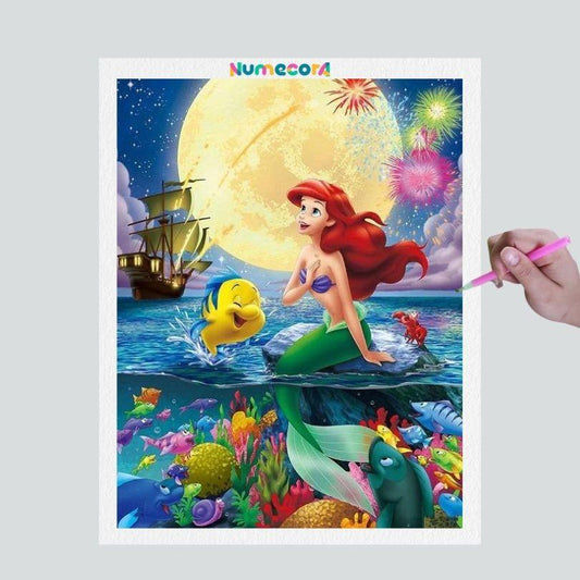 Pintura Terapêutica com Diamantes -Ariel a Pequena Sereia - Disney - Tela 100% Preenchida - Diamante Redondo