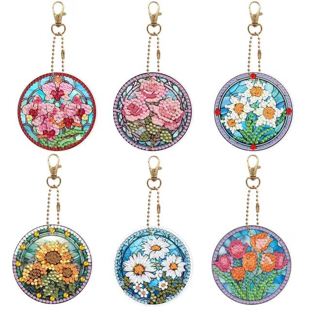 Chaveiros Pintura Terapêutica com Diamantes - Vidral de Flores - Kit com 6