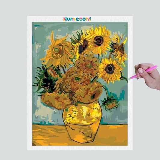 Pintura Terapêutica com Diamantes - Os Girassóis - Van Gogh - Tela 100% Preenchida