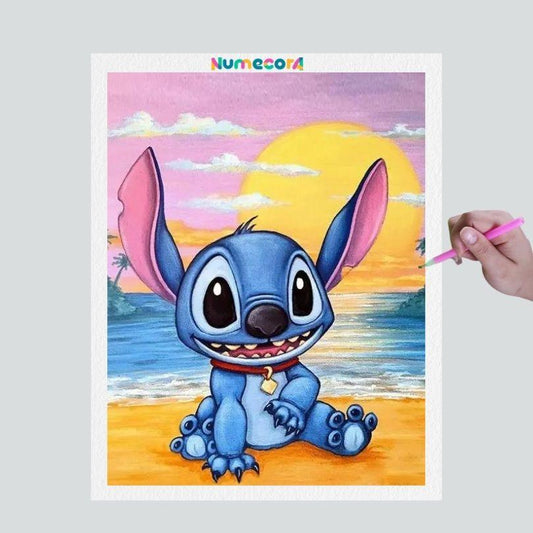 Pintura Terapêutica com Diamantes - Stitch na Praia- Disney - Tela 100% Preenchida - Diamante Redondo
