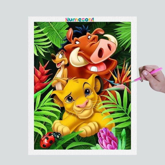 Pintura Terapêutica com Diamantes - Simba, Timão e Pumba - Disney - Tela 100% Preenchida - Diamante Redondo