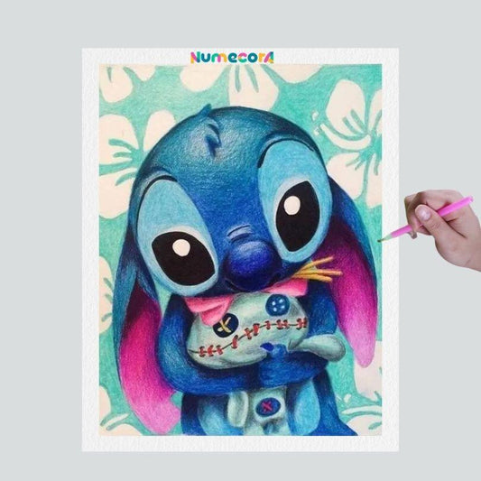 Pintura Terapêutica com Diamantes - Stitch e Boneca de Pano- Disney - Tela 100% Preenchida - Diamante Redondo