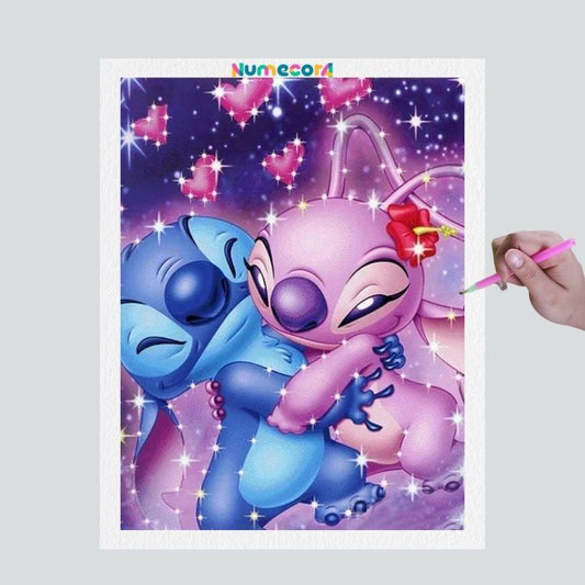 Pintura Terapêutica com Diamantes - Stitch e Angel - Disney - Tela 100% Preenchida - Diamante Redondo