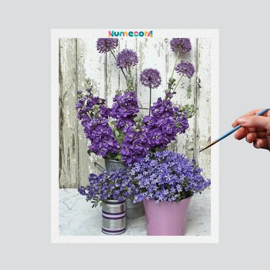 Pintura Terapêutica Numerada - Vaso de Flores Roxas
