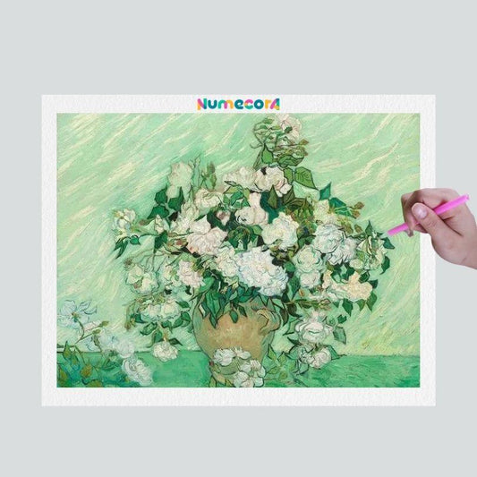 Pintura Terapêutica com Diamantes - Vaso de Rosas - Van Gogh  - Tela 100% Preenchida