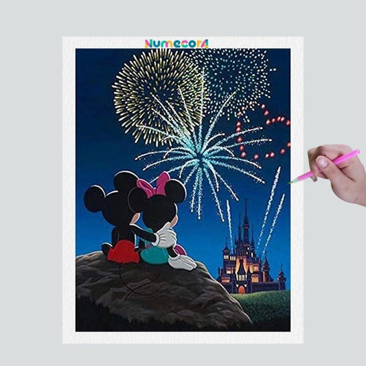 Pintura Terapêutica com Diamantes - Mickey e Fogos - Disney - Tela 100% Preenchida - Diamante Redondo