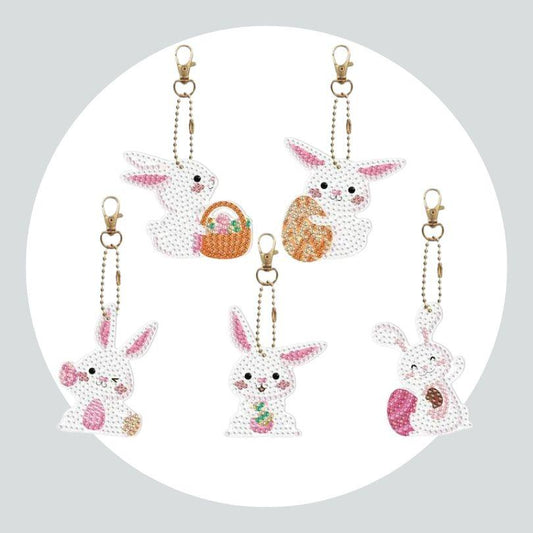 Chaveiros Pintura Terapêutica com Diamantes - Coelinhos - Kit com 5