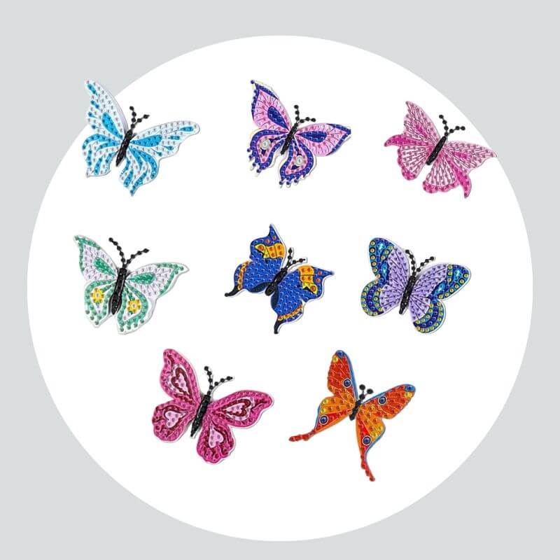 Adesivos Magnéticos ( Ímã de Geladeira) - Kit com 8 - Pintura Terapêutica com Diamantes - Borboletas Coloridas
