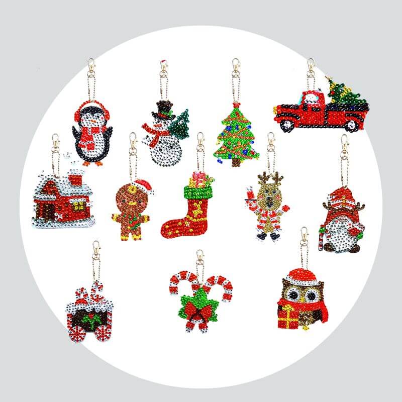 Chaveiros Pintura Terapêutica com Diamantes - Itens de Natal - Kit com 12