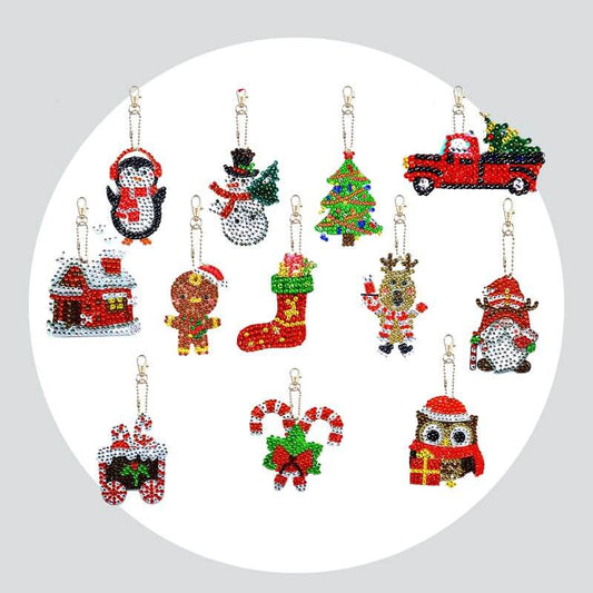 Chaveiros Pintura Terapêutica com Diamantes - Itens de Natal - Kit com 12