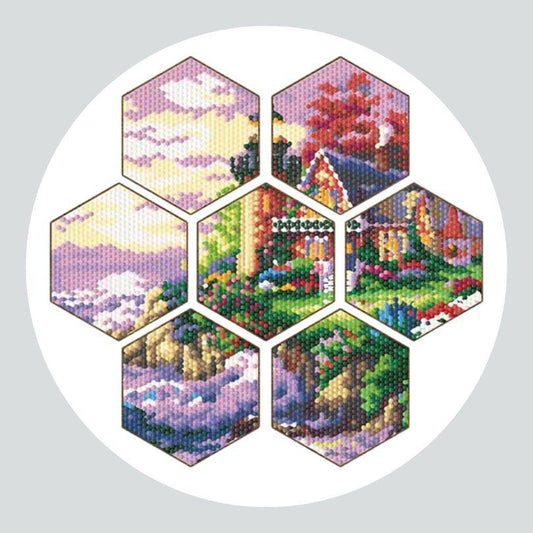Pintura Terapêutica com Diamantes - Porta Copos Hexagonais (7 Unidades) - Casa na Montanha