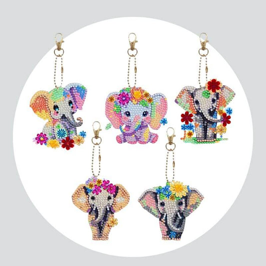 Chaveiros Pintura Terapêutica com Diamantes - Elefantes - Kit com 5