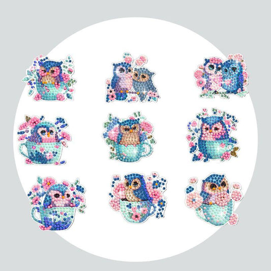 Adesivos Magnéticos ( Ímã de Geladeira) - Kit com 9 - Pintura Terapêutica com Diamantes - Corujas