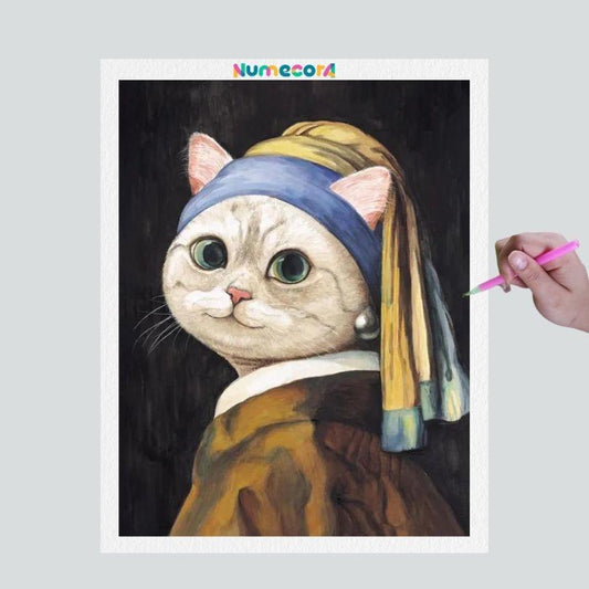 Pintura Terapêutica com Diamantes - Gatinhos Artísticos - Moça com brinco de pérola  - Tela 100% Preenchida