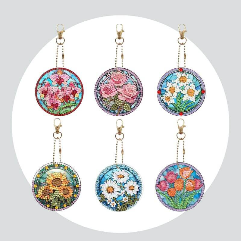 Chaveiros Pintura Terapêutica com Diamantes - Vidral de Flores - Kit com 6