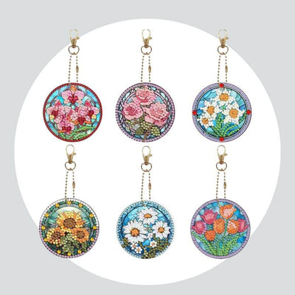 Chaveiros Pintura Terapêutica com Diamantes - Vidral de Flores - Kit com 6