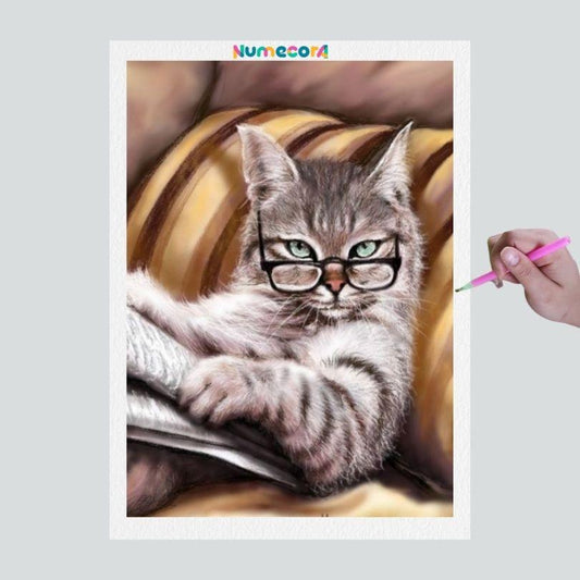Pintura Terapêutica com Diamantes - Gato Intelectual - Tela 100% Preenchida
