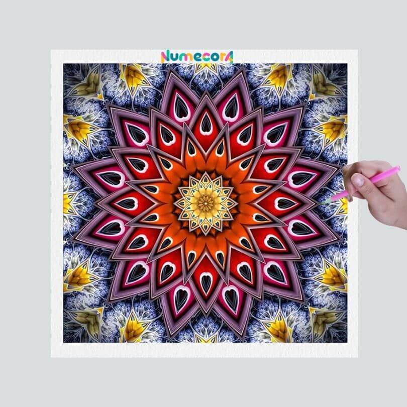 Pintura Terapêutica com Diamantes - Mandala roxa com vermelho