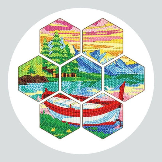 Pintura Terapêutica com Diamantes - Porta Copos Hexagonais (7 Unidades) - Barquinho