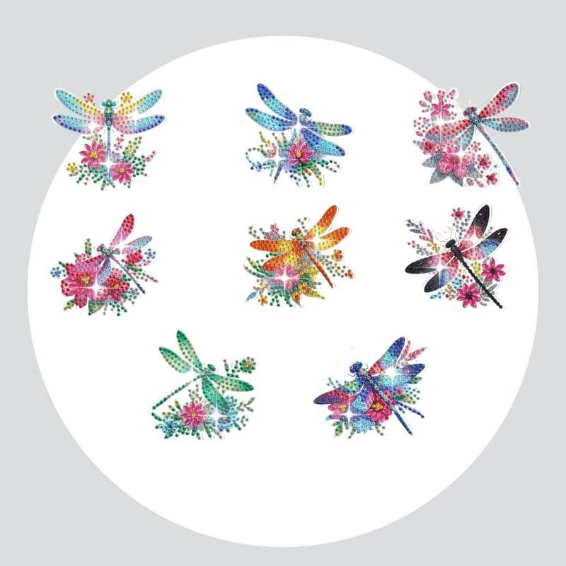 Adesivos Magnéticos ( Ímã de Geladeira) - Kit com 8 - Pintura Terapêutica com Diamantes - Libélulas