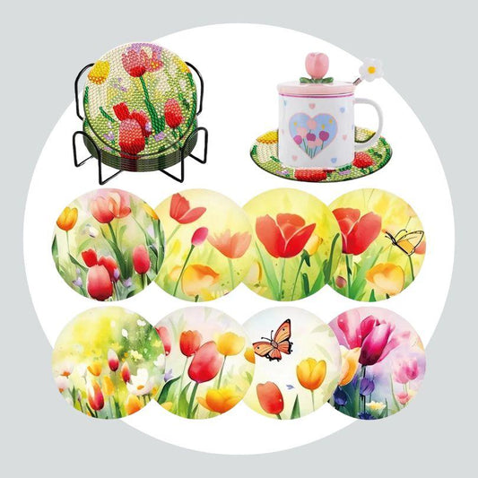 Pintura Terapêutica com Diamantes - Porta Copos (8 unidades) - Tulipas