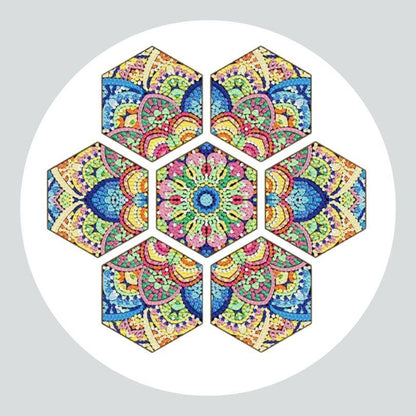 Pintura Terapêutica com Diamantes - Porta Copos Hexagonais (7 Unidades) - Mandala Iluminada