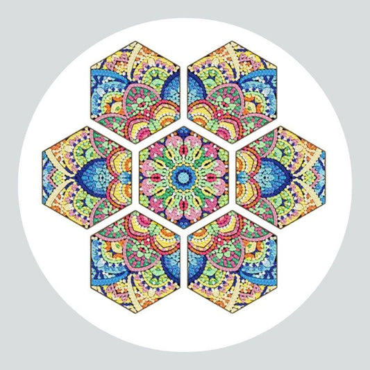 Pintura Terapêutica com Diamantes - Porta Copos Hexagonais (7 Unidades) - Mandala Iluminada