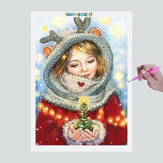 Pintura Terapêutica com Diamantes - Menina segurando Arvore de Natal - Tela 100% Preenchida