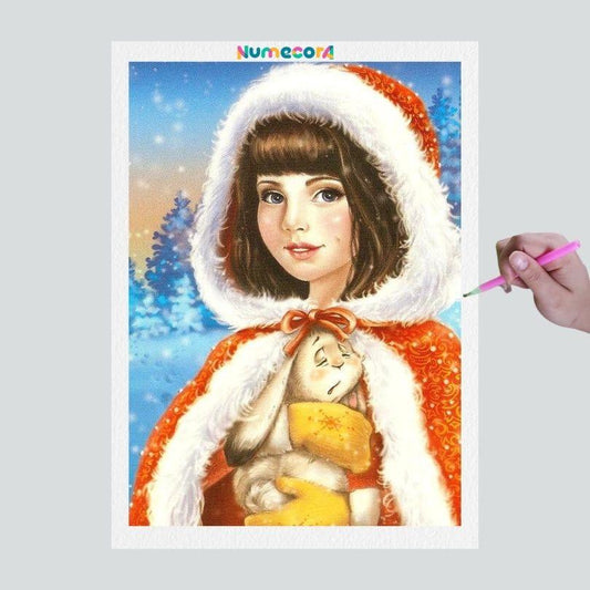 Pintura Terapêutica com Diamantes - Menina no Natal - Tela 100% Preenchida