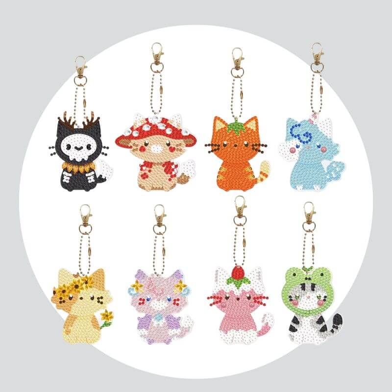 Chaveiros Pintura Terapêutica com Diamantes - Animais Fofinhos - Kit com 8